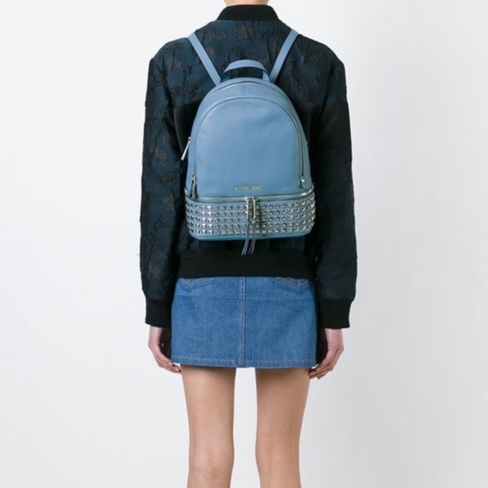 Michael Kors Small Rhea Zip Stud Backpack Prussian Blue $358 FLAWS